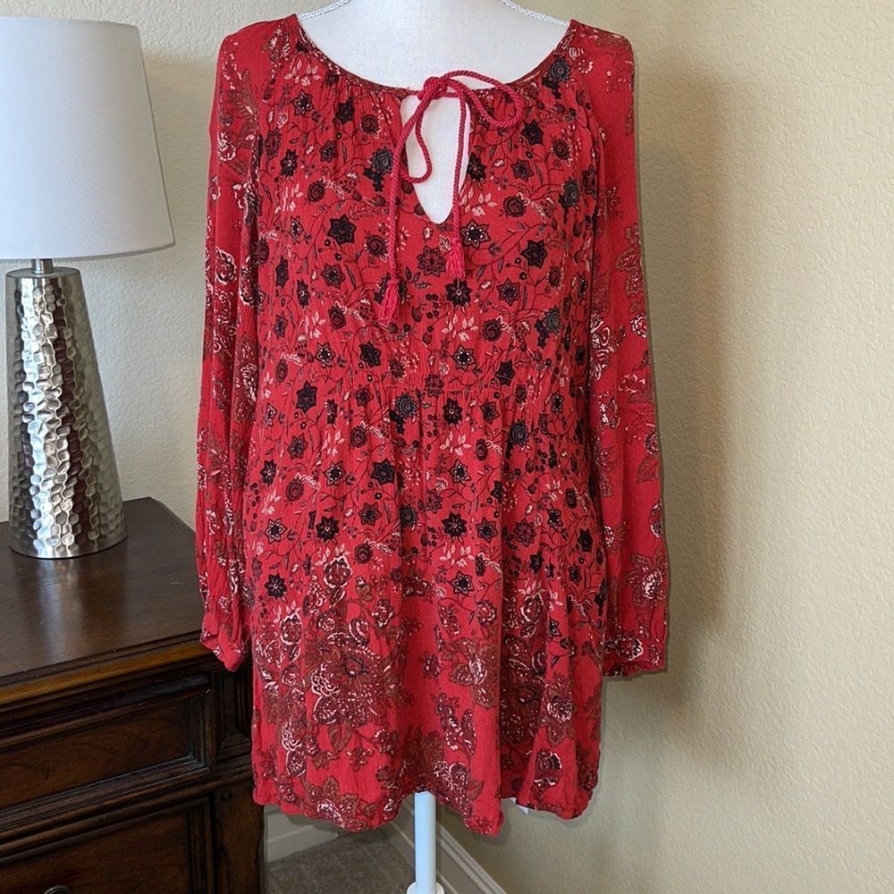 Free People Red Floral Peasant Tunic